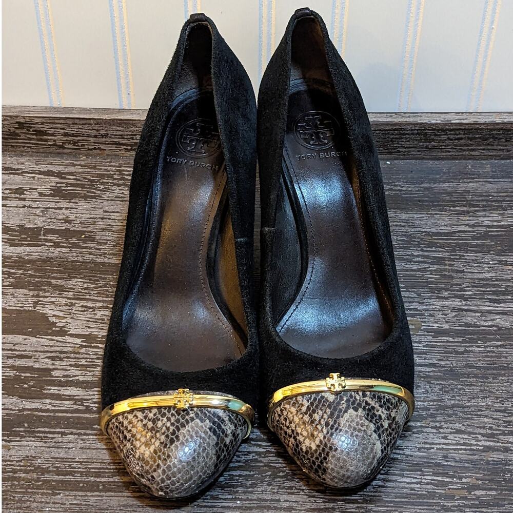 Tory Burch Black Suede Snakeskin Cap Pacey Block Heels Size 10.5